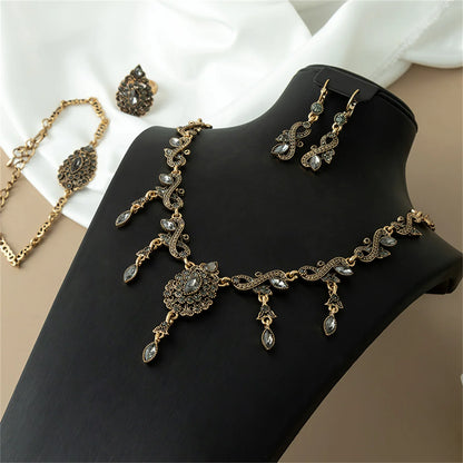 Dark And Muted Color Series Twisted Design Necklace, Earrings, Drop-Shaped Bracelet, Ring Set - Bridal Wedding Accessory Set