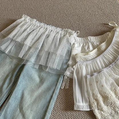 Women High Waist A-Line Flounce Short Skirt Butt Curtain Y2K Streetwear Layered Half Skirt Lace Trim Bottom Cover Skirt Fake Hem