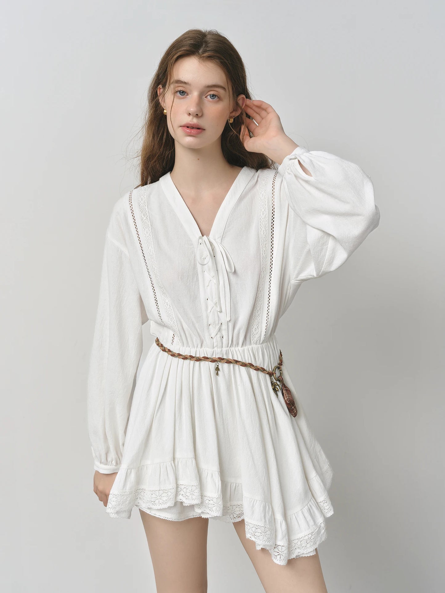 FSLE Fresh Resort Long-Sleeve Lace Appliqué Women's Dress New Autumn 2025 Short Hem Skirt Dresses Without Belt 25FS13027