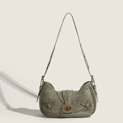 Y2k Vintage Shoulder Bag American Street Style Rivets Green Canvas Handbag Gothic Punk Biker Cool Designers Underarm Bag Handbag