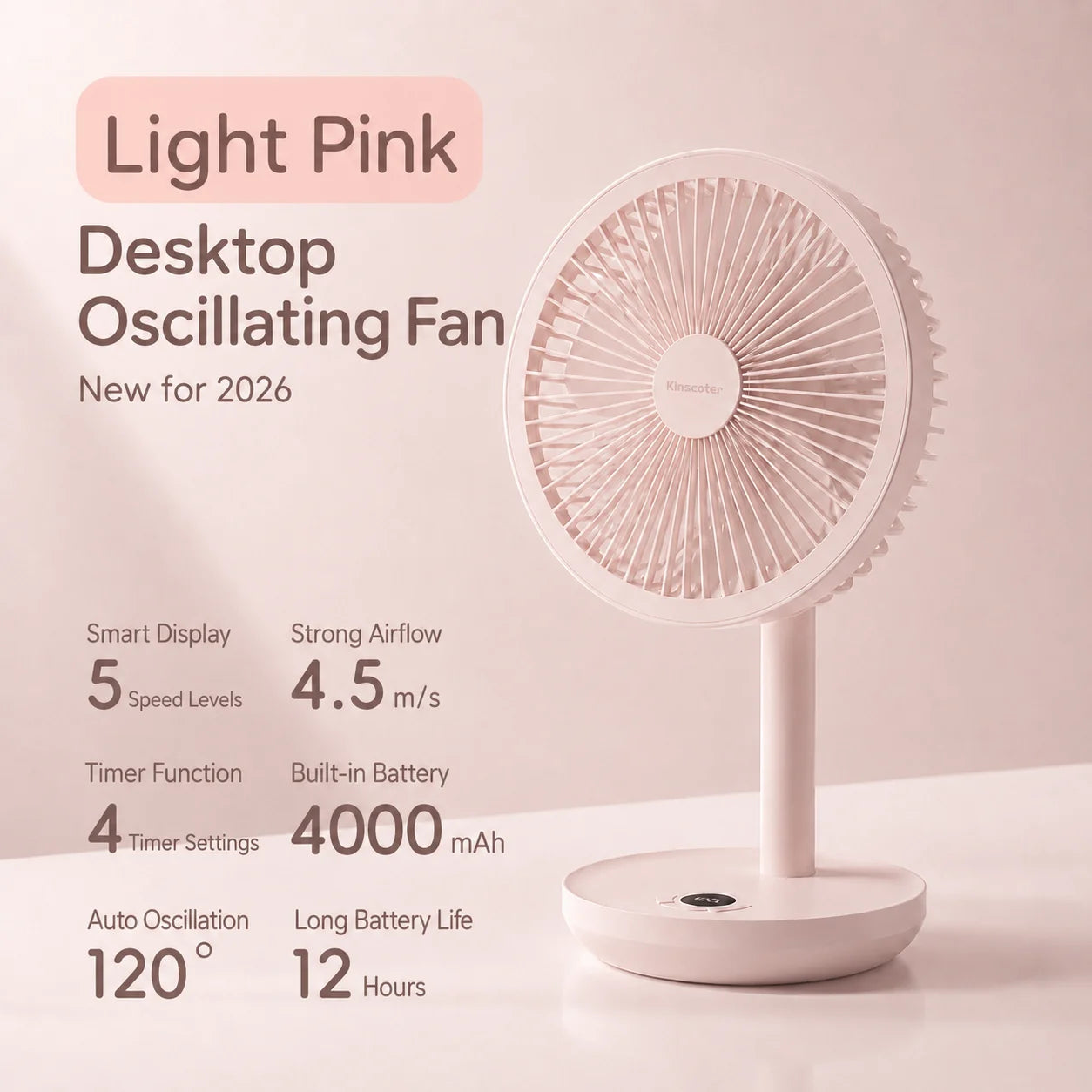 KINSCOTER Smart Oscillating Desk Fan 4000mAh USB Angle Adjustable Silent Rechargeable Fan 5 Wind Speeds for Home/Office/Gift