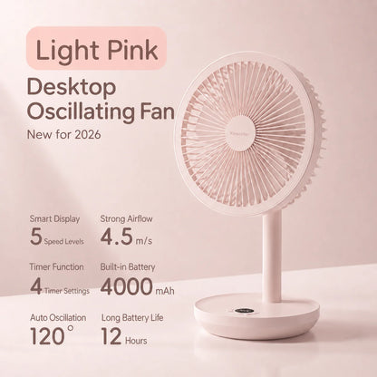 KINSCOTER Smart Oscillating Desk Fan 4000mAh USB Angle Adjustable Silent Rechargeable Fan 5 Wind Speeds for Home/Office/Gift