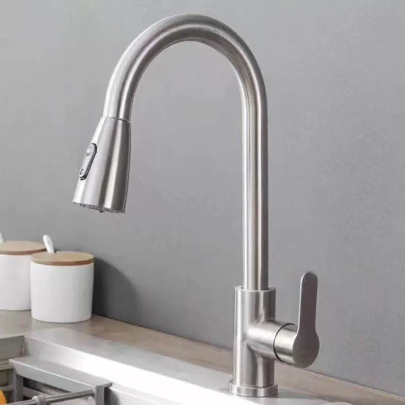 Stainless Steel Kitchen Faucet Single Hole Pull Out Spray 360° Swivel Sink Faucet High Arc Modern Design