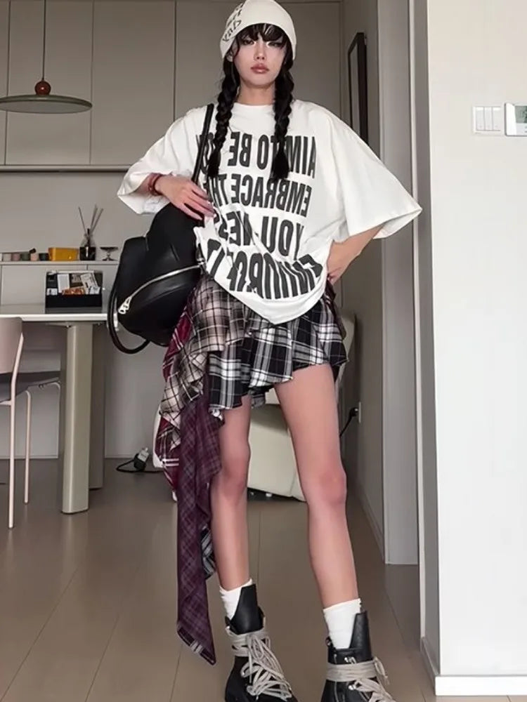 Y2K Women's Skirt Irregular Plaid Patchwork Large Size Summer Spice Girl Design A-line Skirt Trendy Pleated Streetwear Harajuku