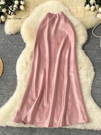 SINGREINY Senior Solid Satin Skirt Elastic Waist 2025 Newest Frence Elegant Women Fashion Basics Office Lady Skinny Midi Skirt