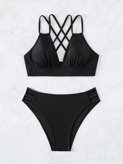 Solid Color Black Two Piece Swimsuit for Women Summer New High Waist Bikini Set Beach Vacation V-neck Backless Swimwear 2024