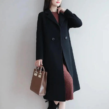 Two Buttons Woolen Coat Stylish Women's Woolen Coat Lapel Long Sleeve Two Buttons Pockets Autumn/winter Mid-length Cardigan