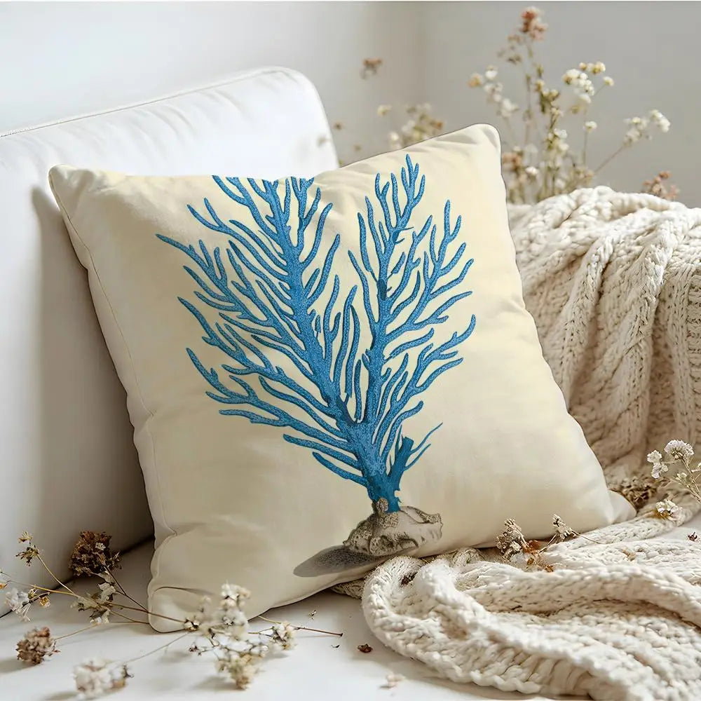 Cushion Cover  Linen  Skin-Friendly Soft Decorative Case For Sofa Home Decor Blue Sea Creature Coral Shrimp Pillow cover
