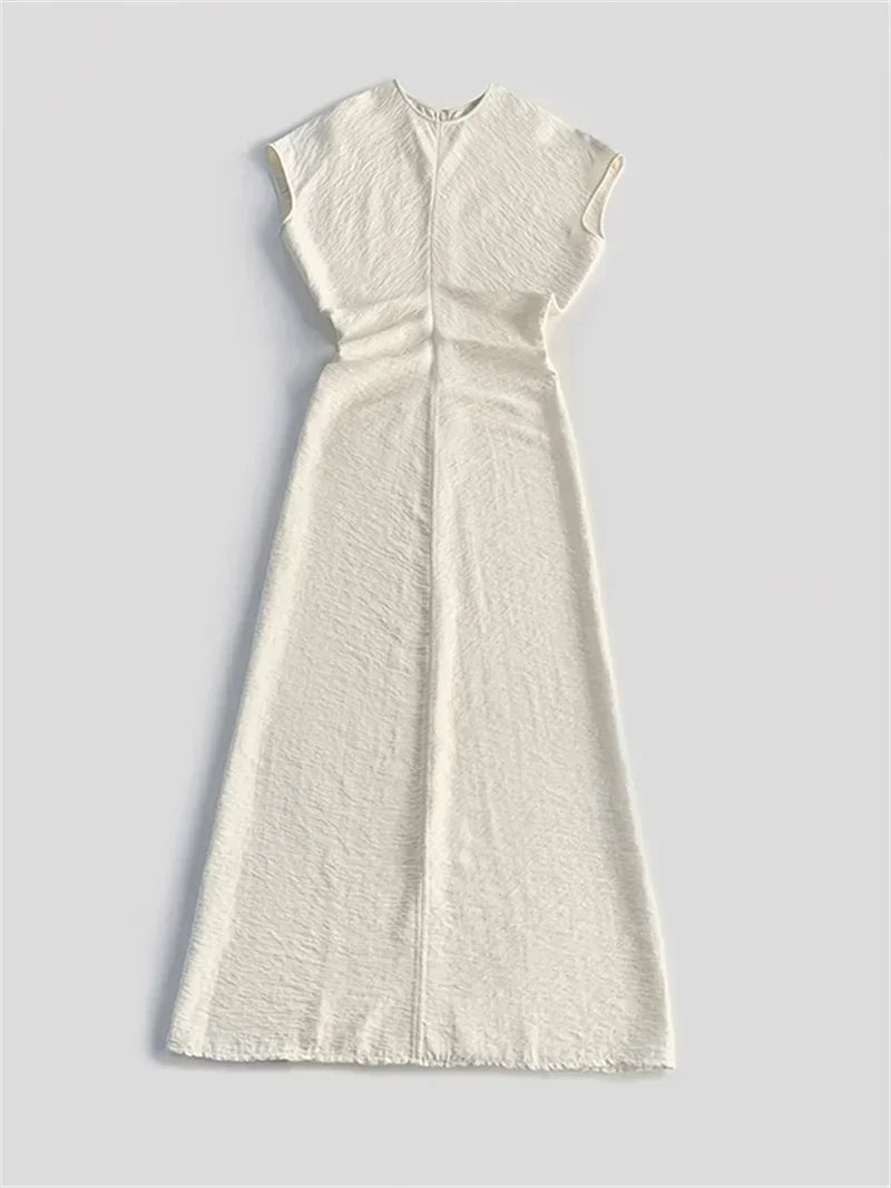 Women's Minimalist Mid-Calf Dress Round Neck Summer Ladies Zipper Draping Pleated Elegant Robe