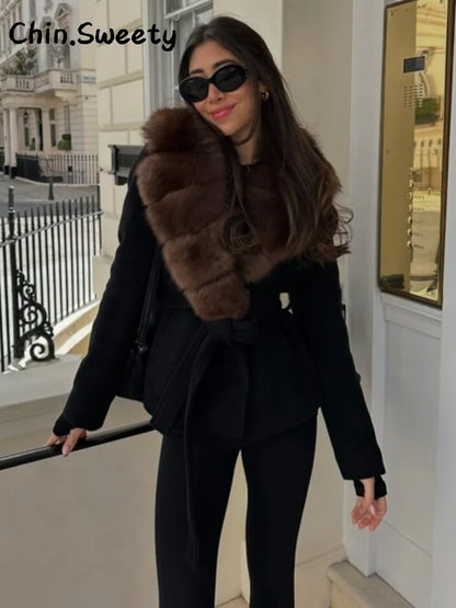 Street Women's Double Breasted Cropped Trench Coat With Faux Fur Collar Loose Full Sleeve Pocket Jacket 2025 Autumn Lady Outwear