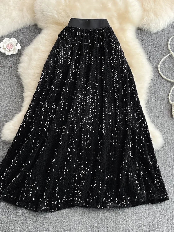 Spring Autumn Korean Sle High Waist Slimming Midi Length Knee-Over A-Line Skirt Faionable Elastic Waist iny Sequins Ful...