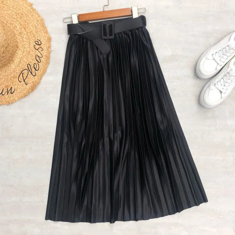 Seoulish 2025 New Solid Elegant Stain Women's Pleated Skirts with Belted High Waist Skirts Mi-long Umbrella Skirt Spring Summer