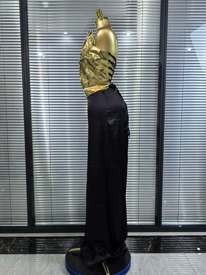 High Quality Women Sexy Strapless Golden Tops Long Skirt 2 Pieces Bodycon Dress Nightclub Party Celebrate Birthday Outfit