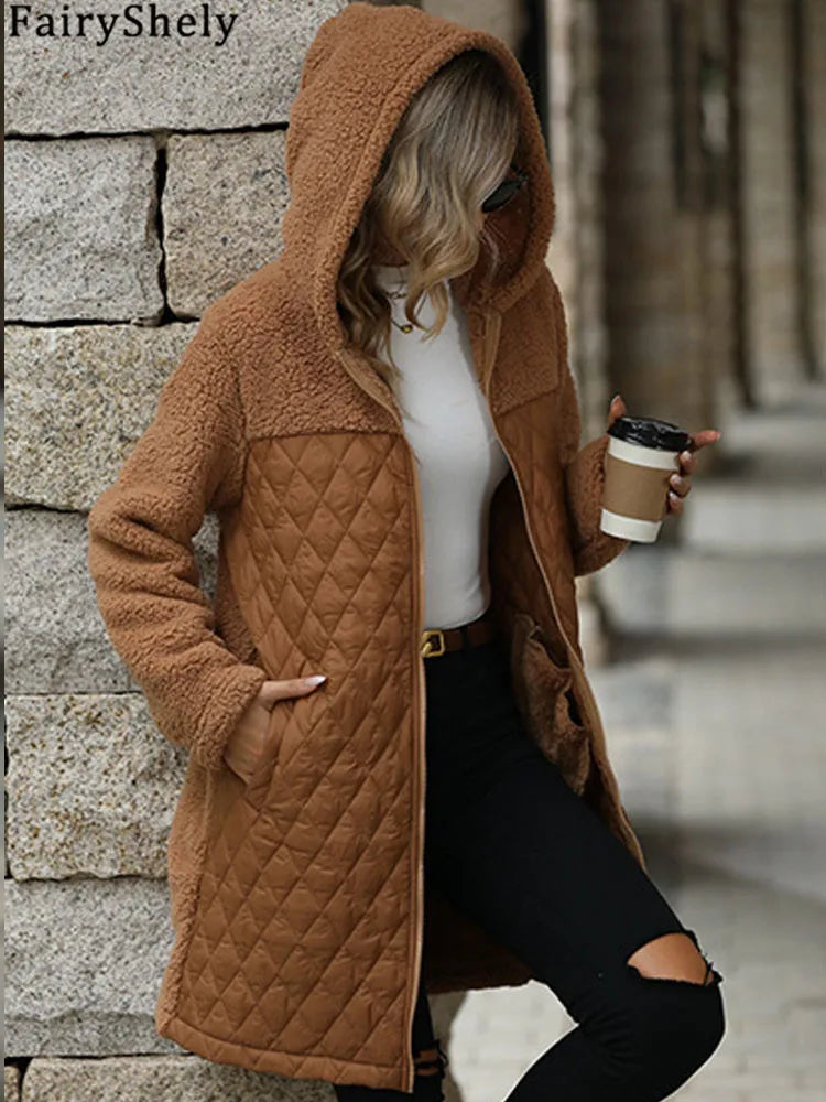 FairyShely 2025 Winter Solid Women Jacket Thick Plush Hooded Warm Long Sleeve Long Coat Soft Zipper Patchwork Outwear Lady Coat