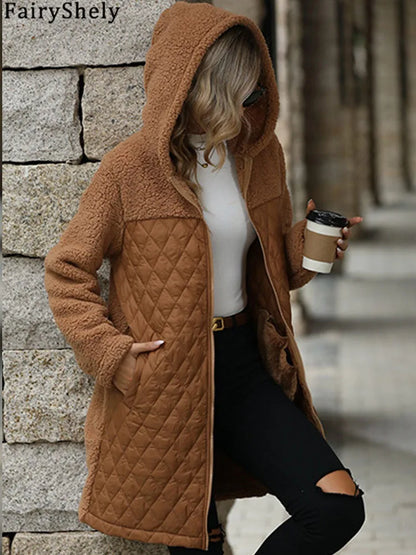 FairyShely 2025 Winter Solid Women Jacket Thick Plush Hooded Warm Long Sleeve Long Coat Soft Zipper Patchwork Outwear Lady Coat