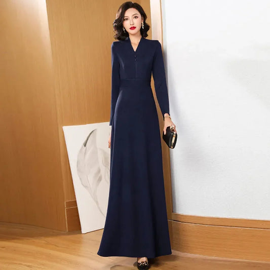 New Spring Autumn Dress Fashion Loose Long Sleeve A-line Dress Women Long Dresses Middle Aged Mother Fashion Dress