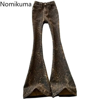 Leopard Print Flare Pants 2025 New Bottoms Pantalon Femme Slim Fit Fashion Streetwear Y2k Jeans Casual Vintage Denim Trousers