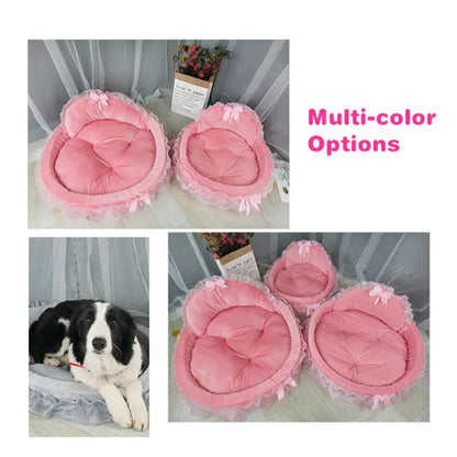 Hanpanda Fantasy Bow Lace Dog Bed Beds For Large Dogs Detachable Oval Pink Princess Pet Bed Basket For Dog Pet Wedding Furniture