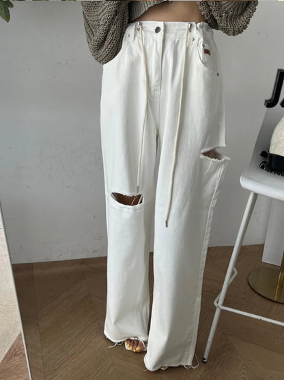 Loose Wide Leg Jeans Women's High Waist Straight Leg Long Pants Torn Design Versatile Casual Spring Faion Blue Denim