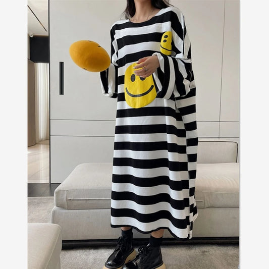 Korean Loose Plus Size T Shirt Dress Spring Autumn Long Sleeve Striped Printing Casual Midi Dress Fashion Vintage Women Clothing