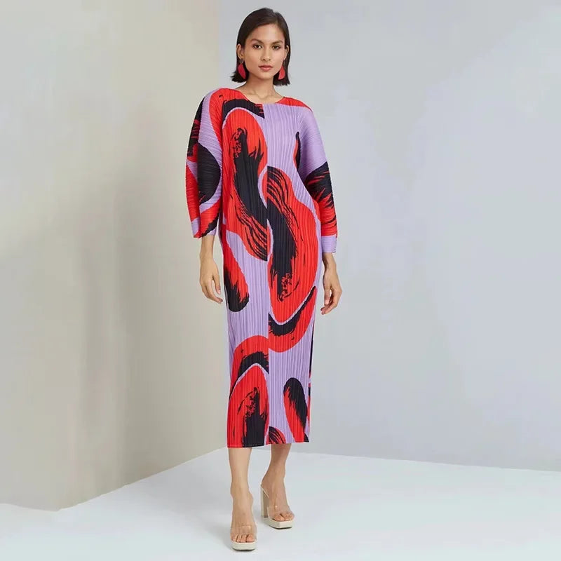 Miyake Pleated Hand Painted Long Dress 2022 New Spring Summer Loose Women Long Sleeves Designer Elegant Fashion Clothes In Stock