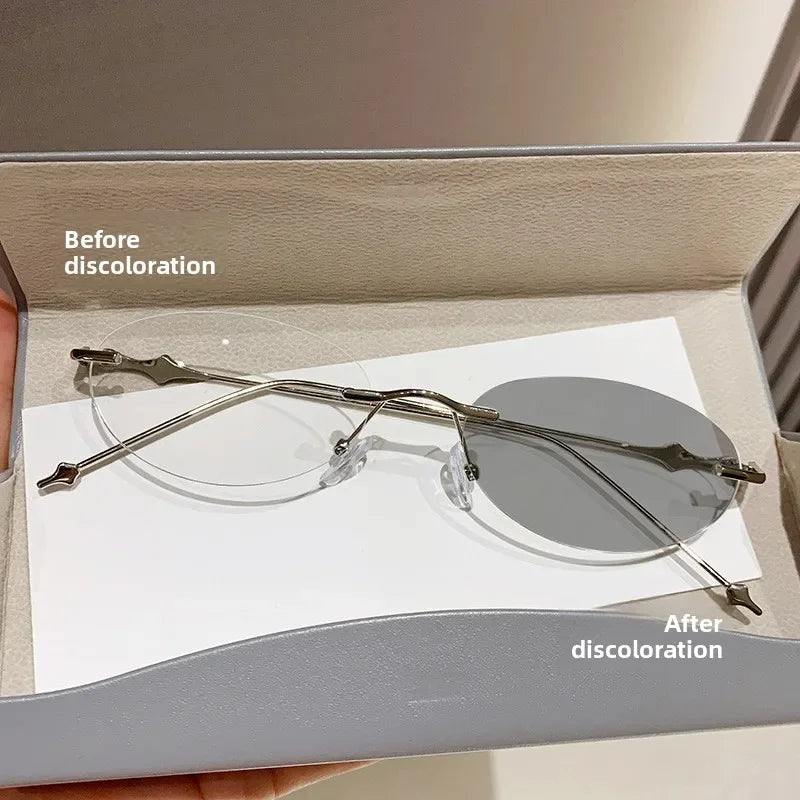 Small Oval Photochromic Myopia Glasses Women Men Fashionable Frameless Minus Diopter Glasses Trendy Outdoor Eyewear0-1.0-4.0