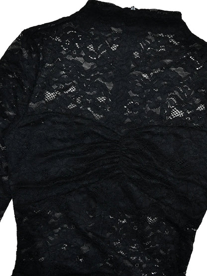 Beyprern Long Sleeve Hollow Out Sheer Lace Midnight Mini Dress Women See-Through Draped Tie-Front Overlay Club Dress Vestidos