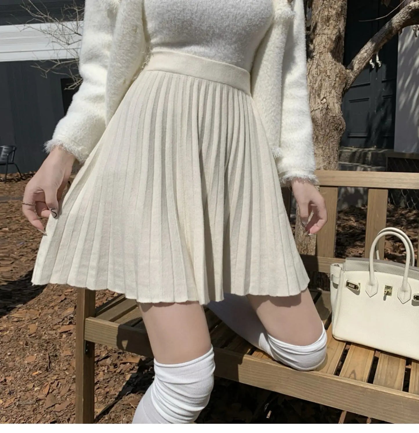 Women's Autumn Elegant A-Line Knitted Mini Skirt High Waist Pleated Skirt Femme Faldas Jupe Saia