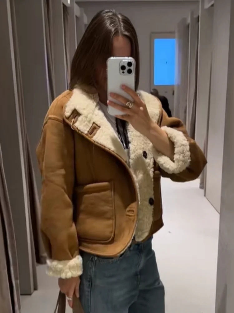 Casual Reversible Lamb Wool Coat Women Stand Collar Single Breasted Pocket Loose Short Warm Jacket Lady Commute Office Jackets