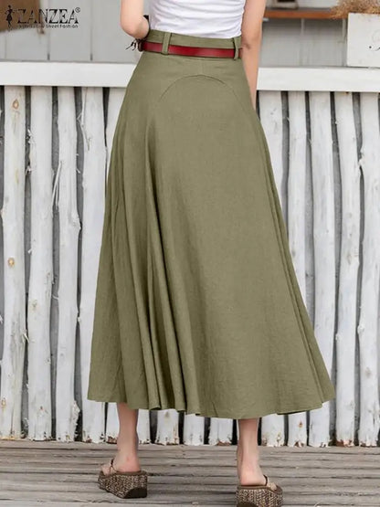 ZANZEA 2024 Summer Casual Midi Skirts Women A-line Oversized Patchwork Skirt Solid Color Bottom Ladies Zipper High Waist Skirt