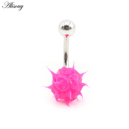 Alisouy 1PC 14G Silicone Rubber Brushed Fuzzy Ball Stainless Steel Bar Girl Women Belly Navel Button Ring Piercing Body Jewelry