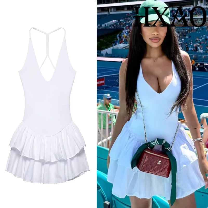 HXAO Off Shoulder Women's Dress Halter Solid Short Dresses 2025 Woman V Neck Layered Mini Dress Backless Party Dress For Women