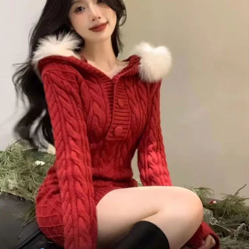Autumn Winter Elegant Women Sweater Christmas Red Slim Fur Patchwork Hooded Knitted Dress Female Korean Knitwear Hoodie Tops