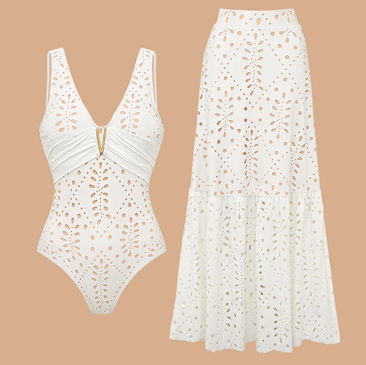 FLAXMAKER Flower Hollow One Piece Swimsuit and Skirt Women Beachwear Luxury Bathing Suit