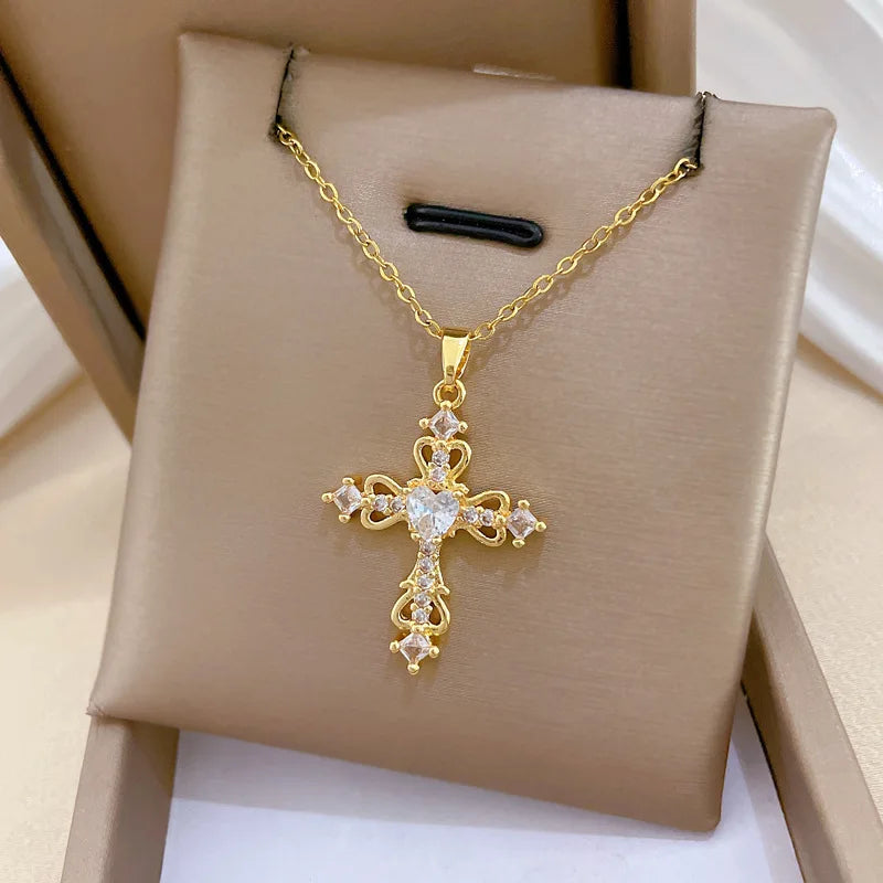 Sweet Cool Hollow Cross with Zircon Pendant Necklace for Women Girls Stainless Steel Chain Punk Cross Accessories Jewelry Gifts