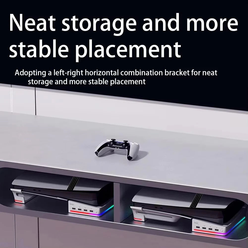 Horizontal Stand for Ps5 Pro Digital and Optical Drive Version Console with 14 Light Mode 4 USB Hubs Storage Display Stand