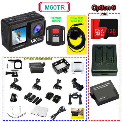 Action Camera 5K 4K60FPS  50MP 2" Touch Dual Screen 5X Zoom Wi-Fi EIS  170° DVR Webcam Wireless Mic 30M Waterproof Sport Camera