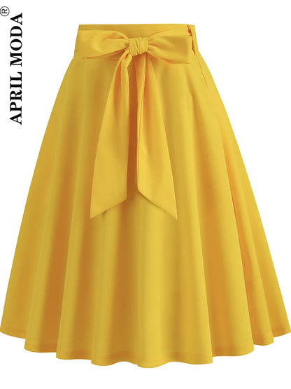 Red Women's High Waist A-Line Pockets Skirt Casual Summer Flared Midi Skirt 1950s Retro Swing Pinup Skirt Office Lady Workwear