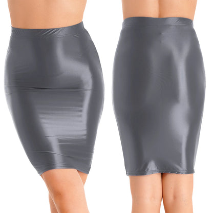 Womens Ladies Pencil Skirt Glossy Rave Party Clubwear Fashion Stretchy Casual Solid Color High Waist Bodycon Mini Skirts