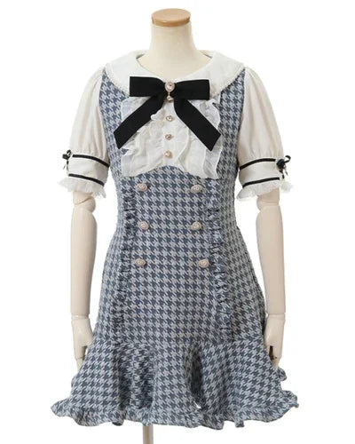 Liz Japanese Mine Mass-Produced Sweet Girl Double-breasted Dress Classic Style Bow Grid Slim Long Sleeve Tweed Dress for Women