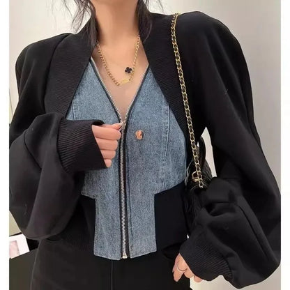 Design Sense Niche Black Denim Stitching Long-Sleeved Short Coat Women's Spring And Autumn Spice Girl Fake Two Cardigan Tops