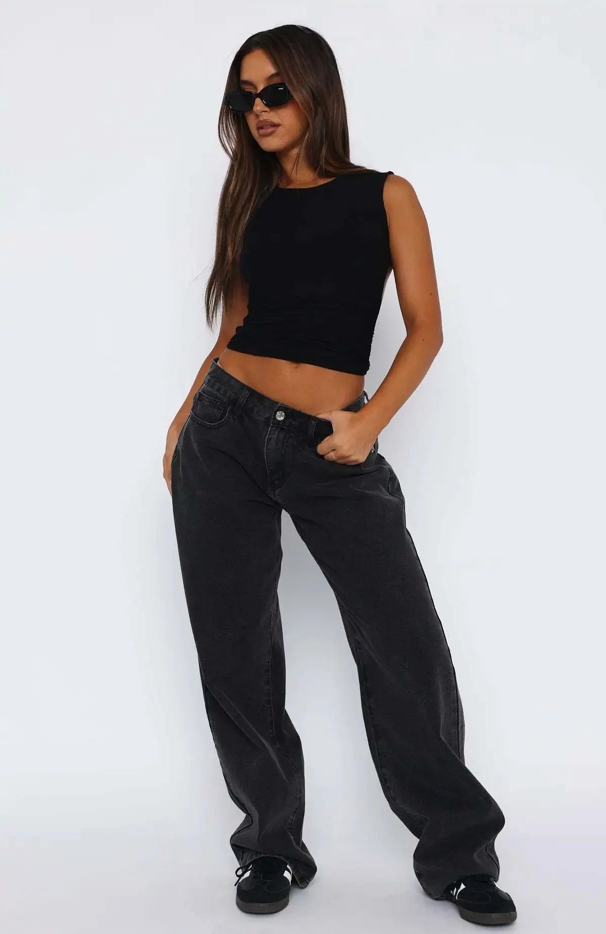 High Waist Wide Leg Denim Jeans Women's Loose Splicing Long Pants Street Style Vintage Washed Loose Jeans Fashionable Women's Cl