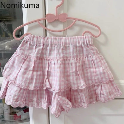 2025 Faldas Mujer De Moda Japanese Summer Skirt Women High Waist Jupe Kawaii Embroidery Fashion Plaid Mini Y2k Pink Cute Skirts