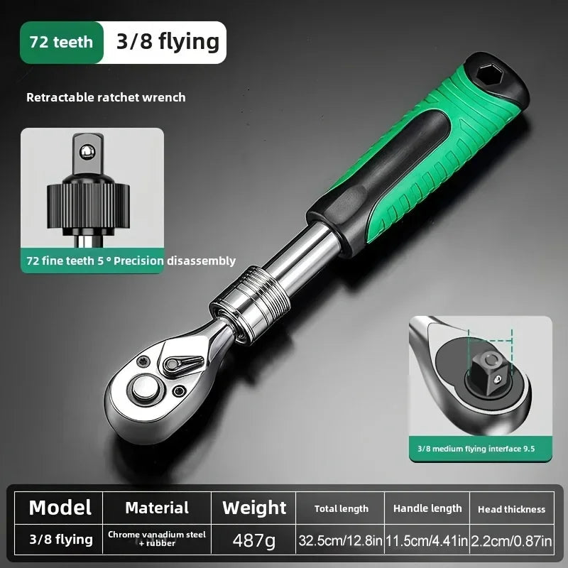 72-Tooth Ratchet Wrench Set, Chrome Vanadium Steel, Automatic Two-Way Mechanism, Stretchable, Ergonomic Grip, with Quick Socket