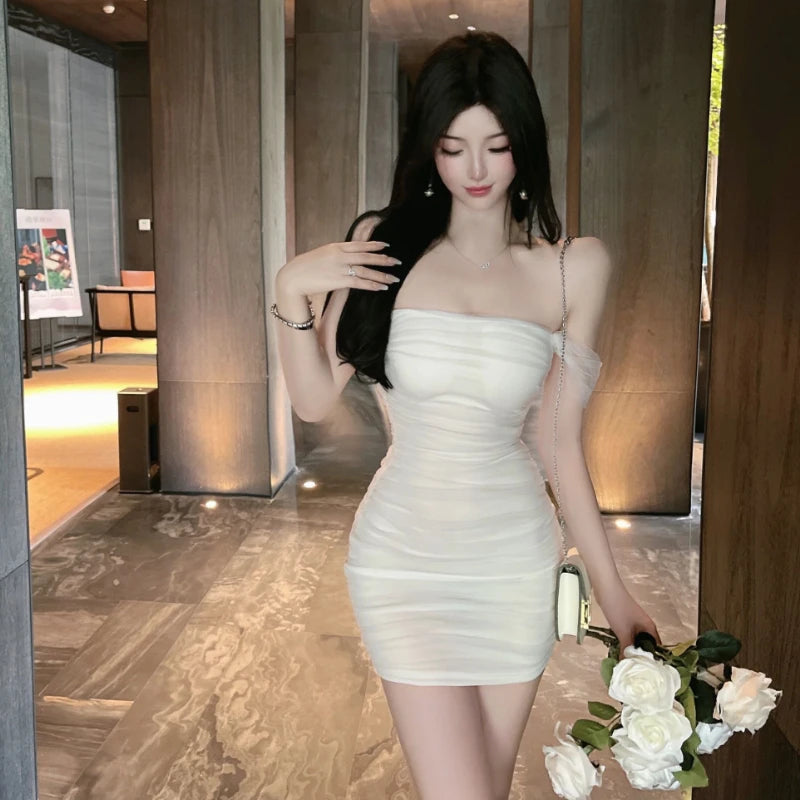 Mesh Dresses Women Summer New Sexy Slim Trendy Korean Style Simple Sleeveless Design Elegant Temperament Female Tender Party Ins