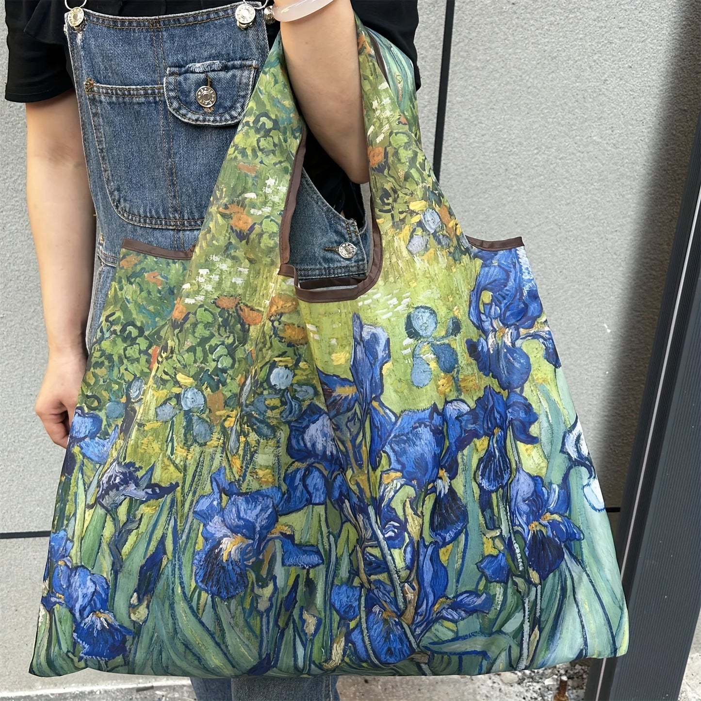 Chic Iris Flower Large Tote Bag Foldaway Convenience Nylon Shopping Bag with Shoulder Strap Lightweight Machine Washable