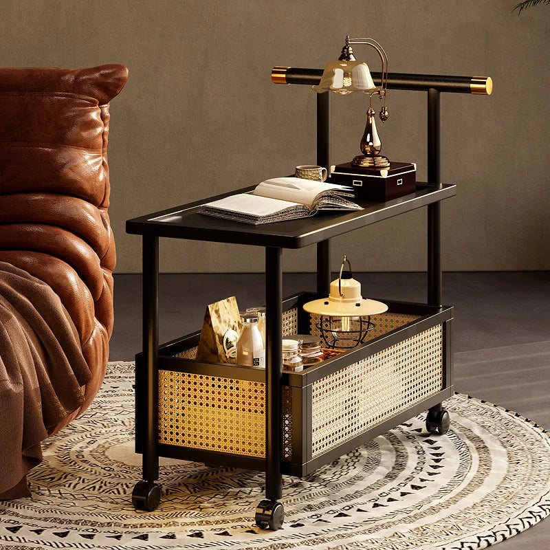 Wooden antique style coffee table, mobile coffee table, sofa side table, cart with pulley storage rack, rattan fence decoration