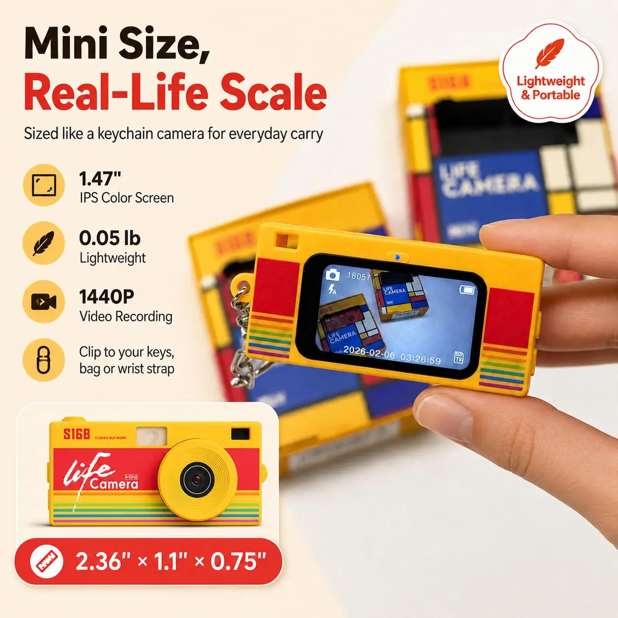 Thumb Keychain Camera 1.47inch Mini Action Camera Retro 2K HD Digital Camera CCD Thumb Camera with Flash Light Loop Recording