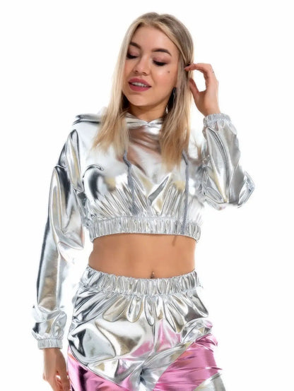 Sexy Cropped Holographic Hoodies Women Shiny PU Metallic Hoody Long Sleeve Short Sweatshirt with Drawstring Pullovers Streetwear