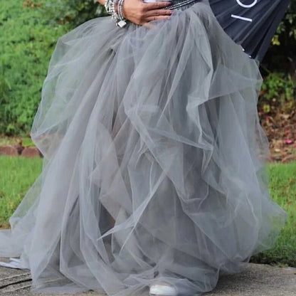 Women's Tulle Maxi Skirt Floor Length Layered High Waist Split Skirt A-Line Puffy Mesh Tutu Skirt for Elegant Lady Wedding Party